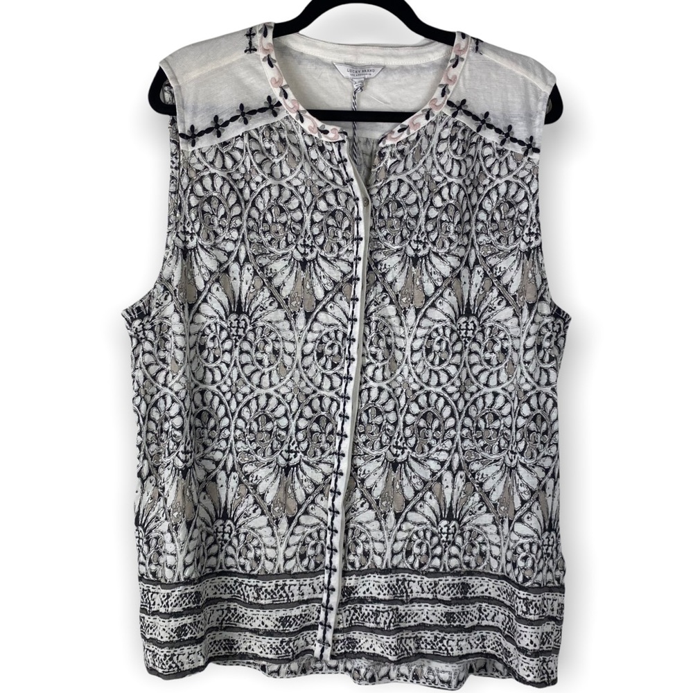 LUCKY BRAND | Boho Printed Embroidered Button Down Sleeveless Peasant Top